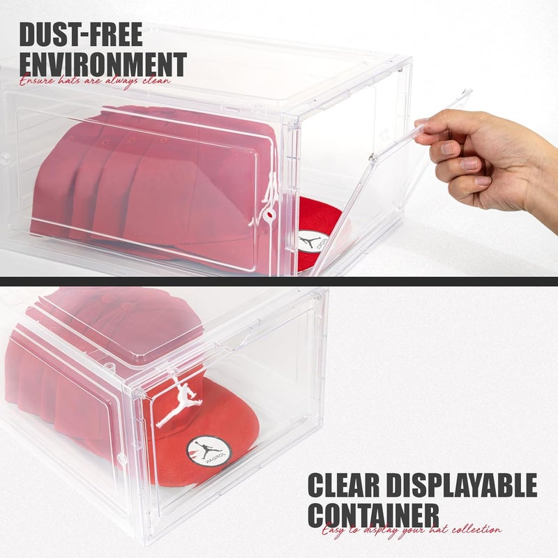 SCAVATA 6 Pack Hat Organizer Box, Stackable Clear Baseball Caps Holder Box Containers with Magnetic Door for Hats Snapback Cap Storag, Hat Rack Display Case, Holds 8 Hats Each (Clear) - Image 5